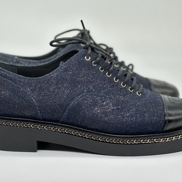 CHANEL 20K Denim Leather Chain Cap Toe Lace Up Oxford Heels Loafers Shoes - Picture 6 of 16